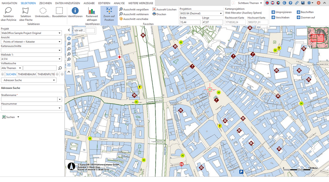 Anzeige bzw. Verschieben der Koordinaten durch Klick in Karte mit dem Werkzeug Zoom auf Position im WebOffice core Client Anzeige bzw. Verschieben der Koordinaten durch Klick in Karte mit dem Werkzeug Zoom auf Position im WebOffice core Client