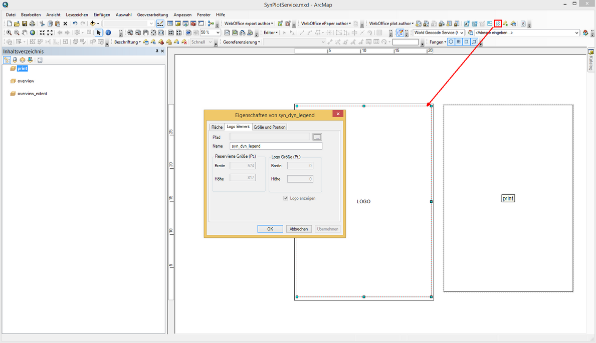 Öffnen der SynPlotService.mxd mit aktiviertem Datenrahmen "print" und der Ansicht "Layout-Ansicht" mit Einfügen eines Logobildes Öffnen der SynPlotService.mxd mit aktiviertem Datenrahmen "print" und der Ansicht "Layout-Ansicht" mit Einfügen eines Logobildes