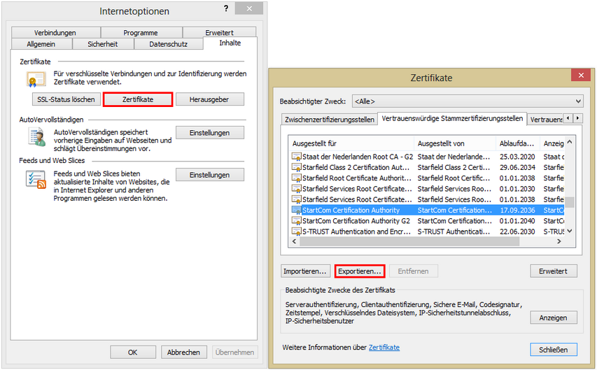 Zertifikat exportieren in Internet Explorer Zertifikat exportieren in Internet Explorer
