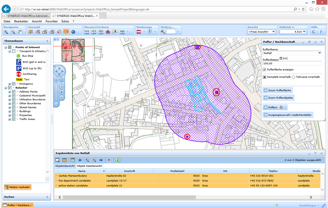 Ergebnis vom Puffern mit drei Objekten die sich komplett innerhalb der Pufferfläche befinden Ergebnis vom Puffern mit drei Objekten die sich komplett innerhalb der Pufferfläche befinden