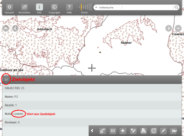 Ein Wert 'Leoben' aus dem Quellobjekt wird dem Zielobjekt in das Feld 'Notiz' zugewiesen