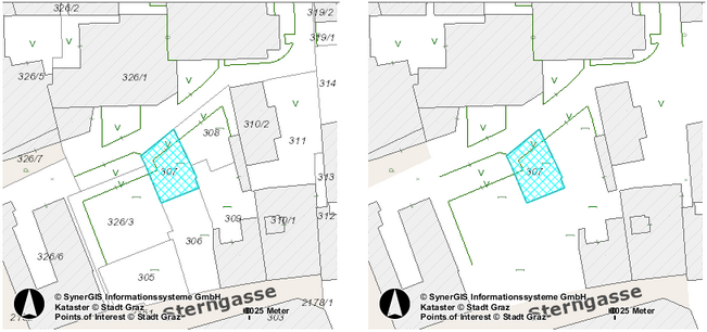 Abfrage ohne Filter (links) - Abfrage mit Filter auf Grundstücke (rechts)