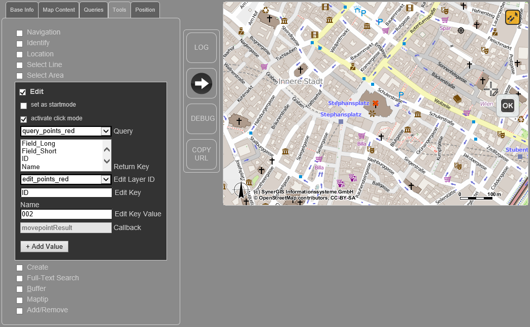 WebOffice map widget Testcontainer - Edit über Clickmode