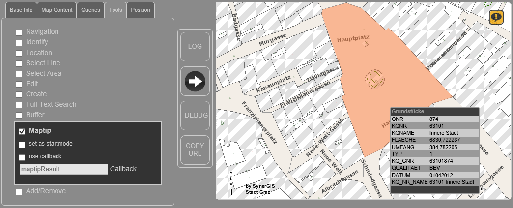 WebOffice map widget Testcontainer - Maptip Werkzeug