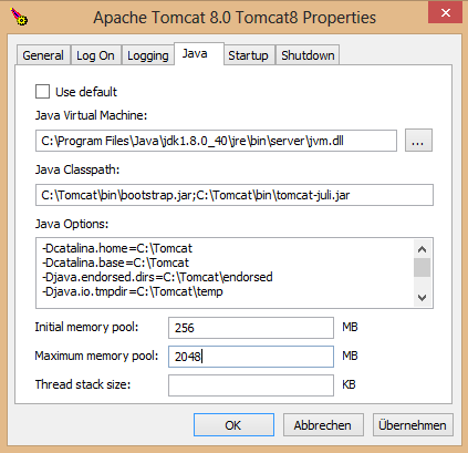Apache Tomcat Konfiguration - Java Speichereinstellungen Apache Tomcat Konfiguration - Java Speichereinstellungen