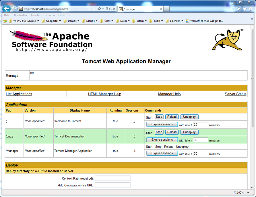 Testen der Apache Tomcat Installation