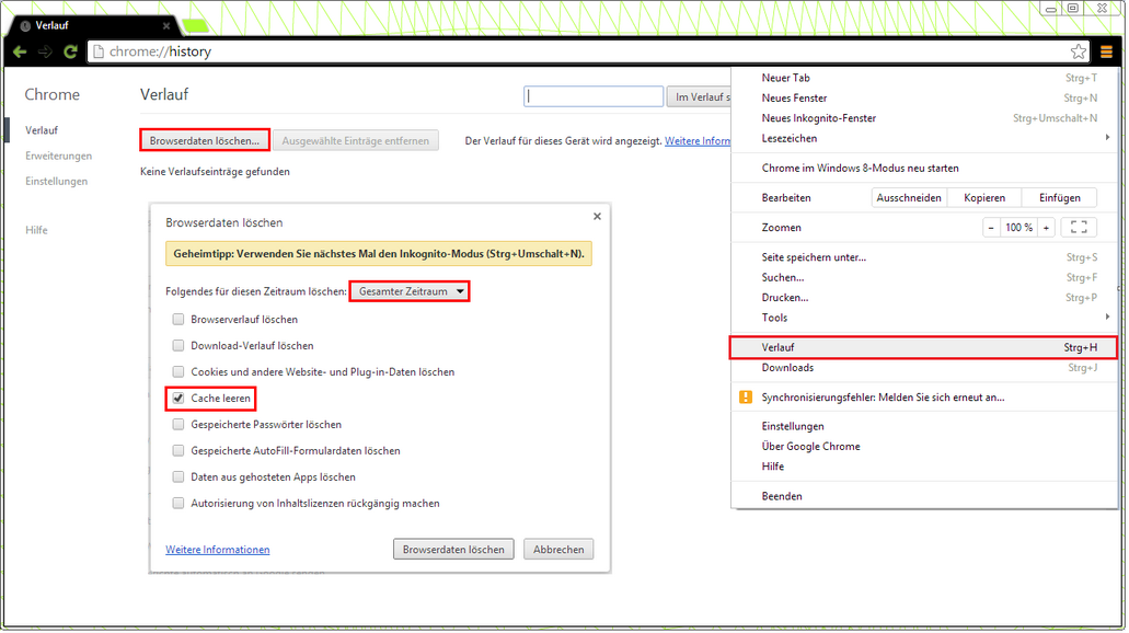 Browsercache leeren in Google Chrome Browsercache leeren in Google Chrome