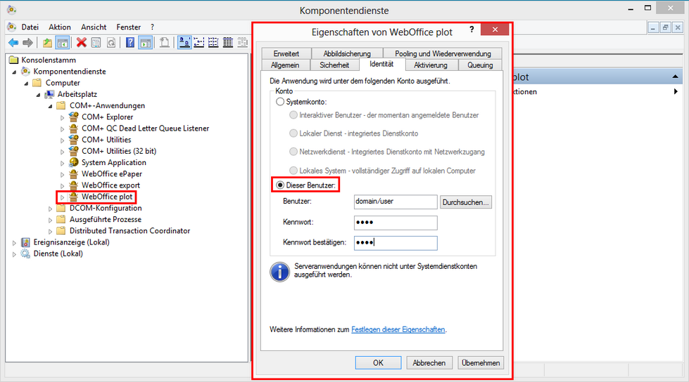 Com+ Anwendung WebOffice plot - Einen eigenen Benutzer anlegen