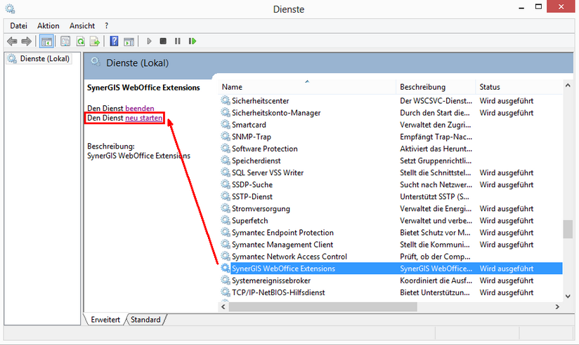 Neustart von SynerGIS WebOffice Extensions Service