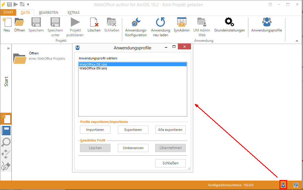 Öffnen der Anwendungsprofile in der WebOffice author Statusleiste Öffnen der Anwendungsprofile in der WebOffice author Statusleiste