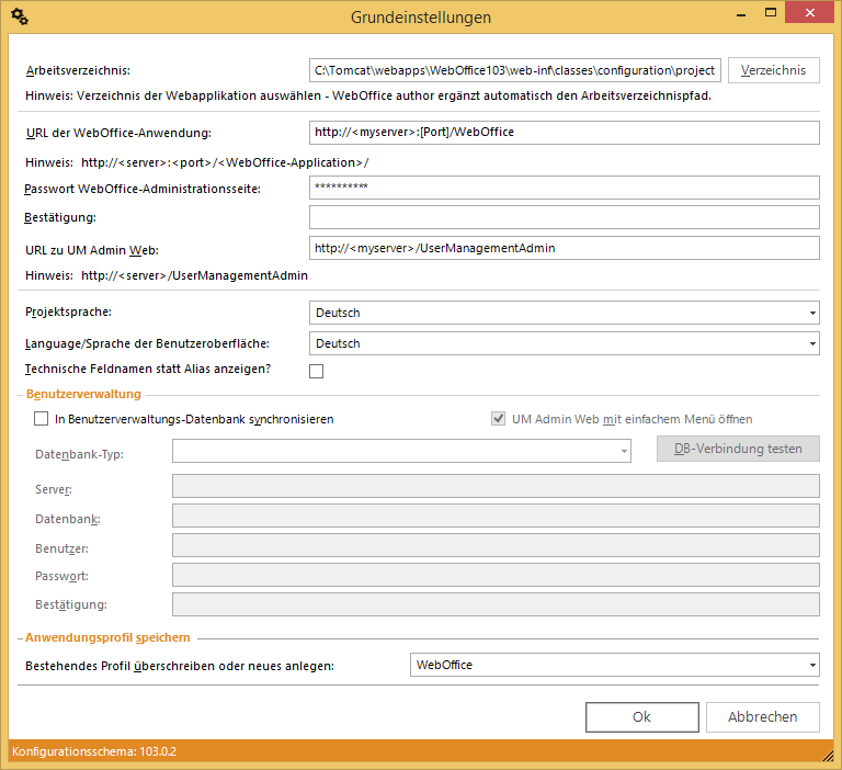 Grundeinstellungen im WebOffice author