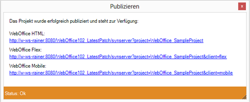 Status und URL des publizierten WebOffice 10.3 SP2 Projekts&nbsp;