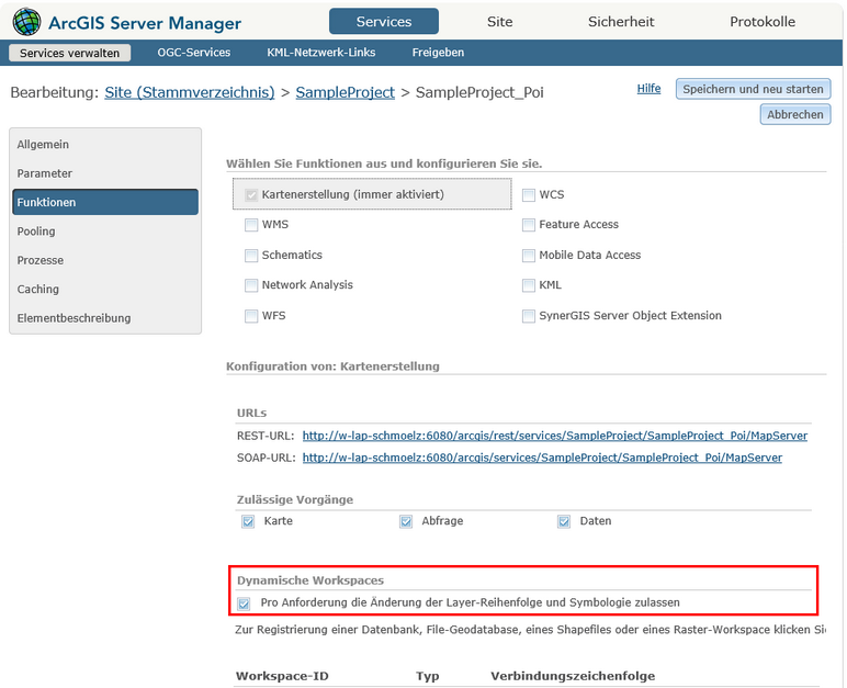 Aktivieren der Dynamischen Workspaces am betroffenen Kartendienst Aktivieren der Dynamischen Workspaces am betroffenen Kartendienst