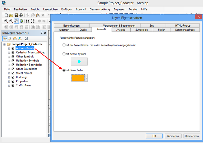 Definition eines individuellen Selektionssymbols in den Layer-Eigenschaften von ArcMap Definition eines individuellen Selektionssymbols in den Layer-Eigenschaften von ArcMap
