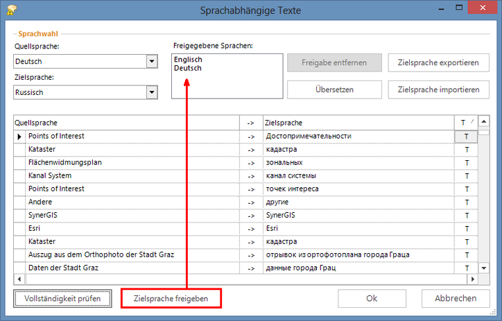 Zielsprache freigeben Zielsprache freigeben