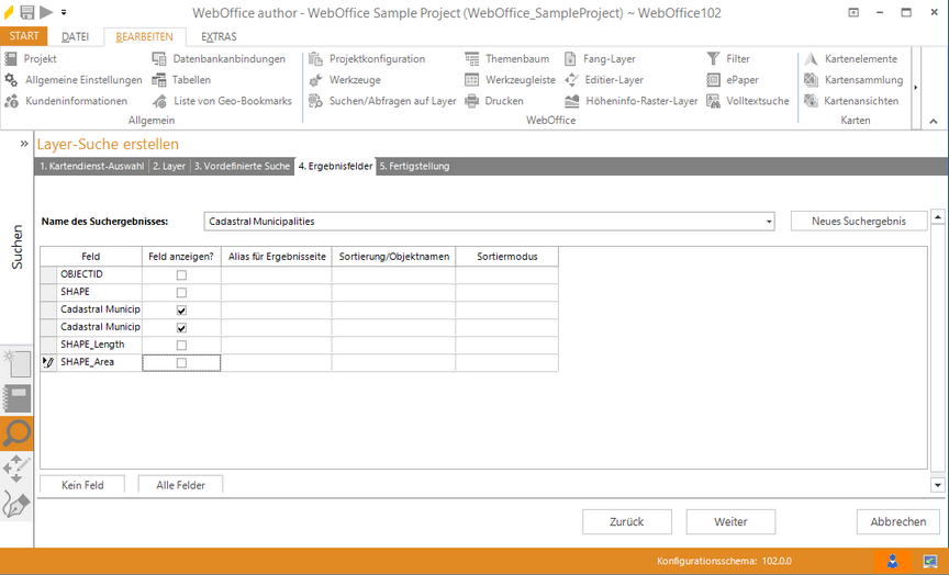Assistent "Layer-Suche erstellen" - Ergebnisfelder auswählen