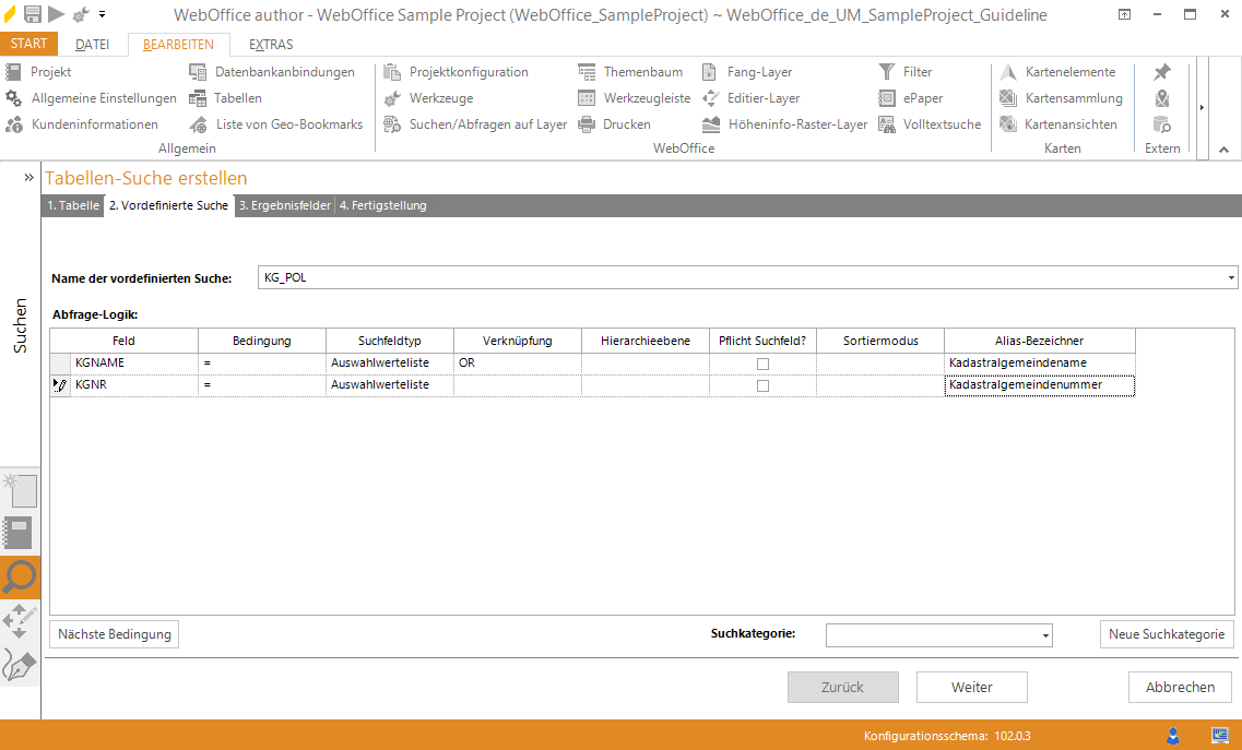 Assistent "Tabellen-Suche erstellen" - Erstellung von vordefinierten Suchen