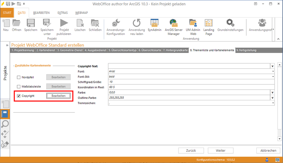 Wizard "Projekt erstellen" - Konfiguration des Copyright-Text Wizard "Projekt erstellen" - Konfiguration des Copyright-Text
