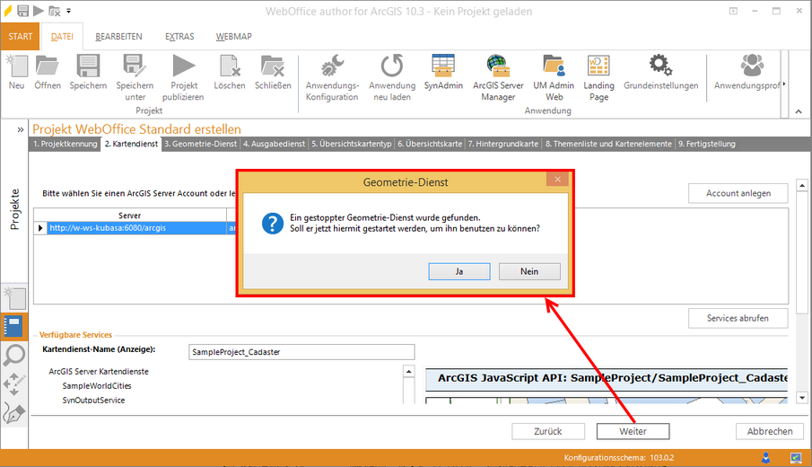 Wizard "Projekt erstellen" - Gestoppten Geometrie-Dienst verwenden Wizard "Projekt erstellen" - Gestoppten Geometrie-Dienst verwenden