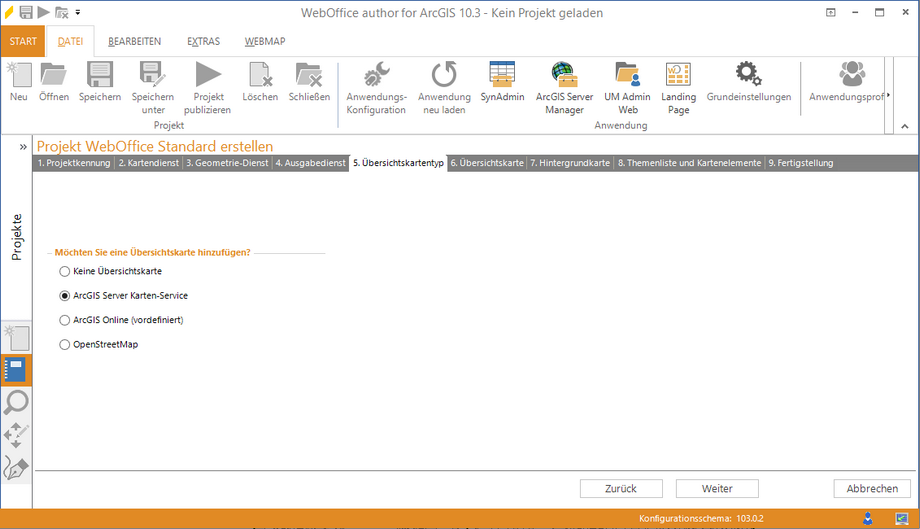 Wizard "Projekt erstellen" - Übersichtskartentyp