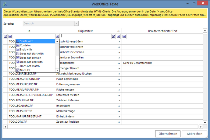 Filtern im WebOffice Texte Dialogfenster Filtern im WebOffice Texte Dialogfenster