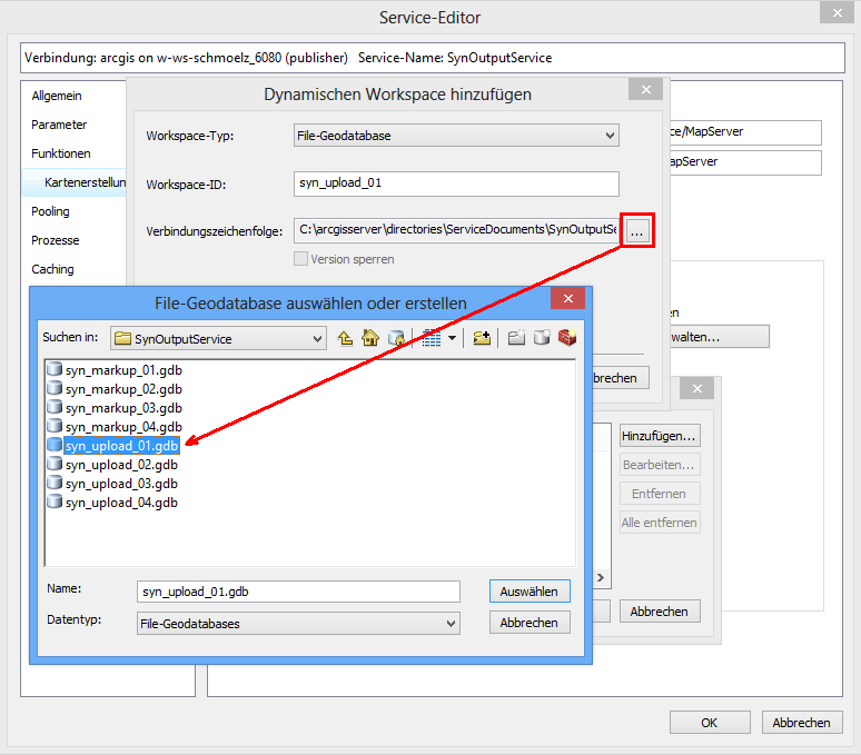 Dynamischen Workspace hinzufügen - Auswahl der File Geodatabase Dynamischen Workspace hinzufügen - Auswahl der File Geodatabase