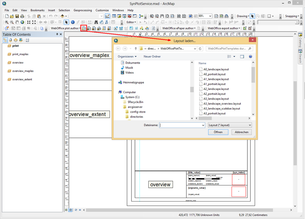 Öffnen der SynPlotService.mxd mit aktiviertem Datenrahmen "print" und der Ansicht "Layout-Ansicht" mit Einfügen einer Druckvorlage Öffnen der SynPlotService.mxd mit aktiviertem Datenrahmen "print" und der Ansicht "Layout-Ansicht" mit Einfügen einer Druckvorlage