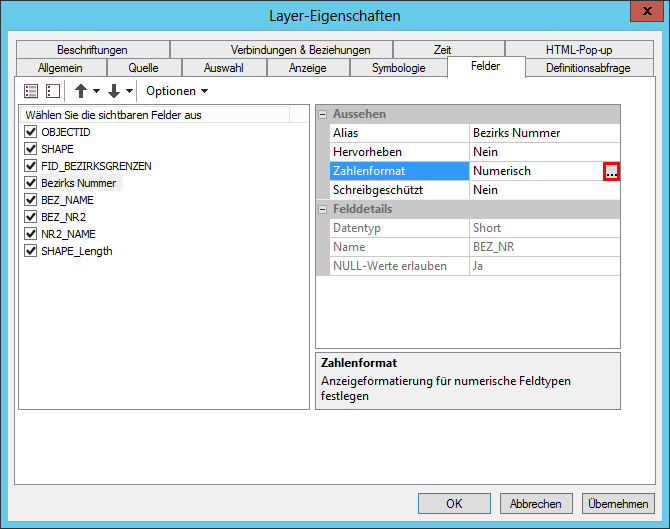 ArcMap-Layereigenschaften - Felder ArcMap-Layereigenschaften - Felder