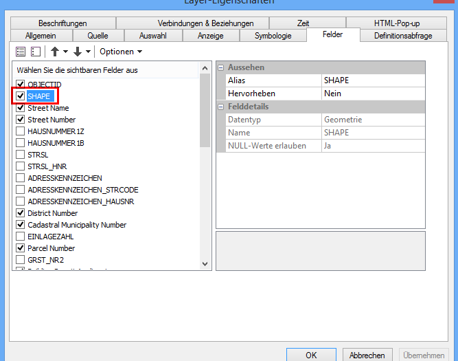 SHAPE Feld am Layer aktivieren