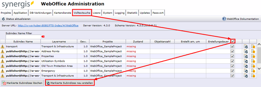 Subindizes neu erstellen in Synadmin
