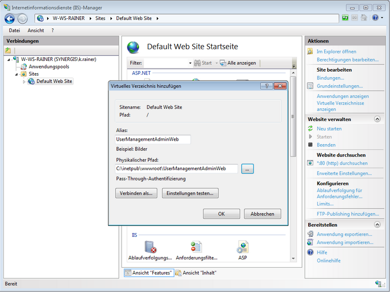 Die korrekten Einstellungen für das Virtuelle Verzeichnis