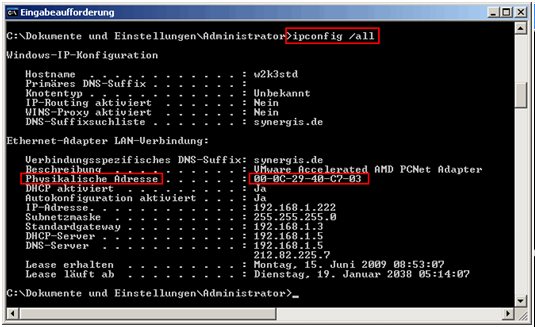 Verwenden des Befehls ‚ipconfig /all‘