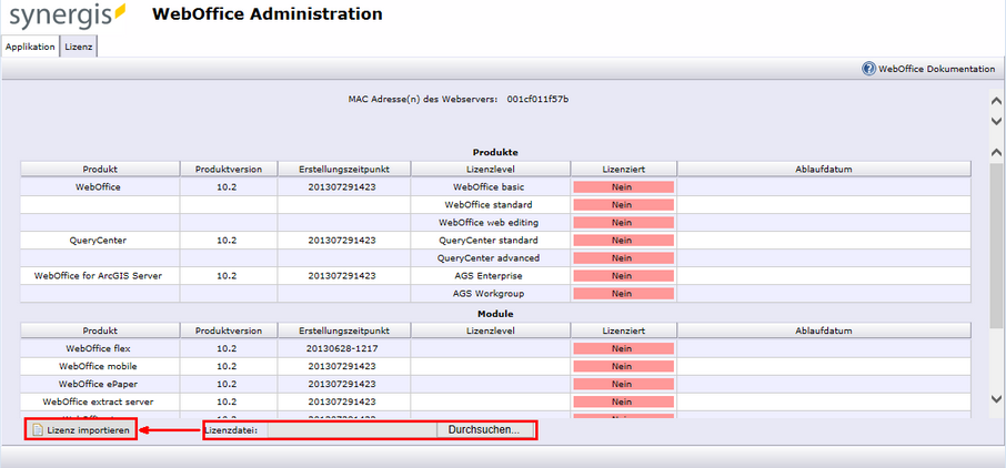 Einspielen der Lizenzdatei via SynAdmin Einspielen der Lizenzdatei via SynAdmin