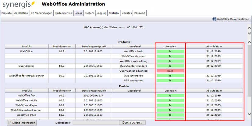 Reiter "Lizenz" - WebOffice 10.3 SP2 Administrationsseiten Reiter "Lizenz" - WebOffice 10.3 SP2 Administrationsseiten