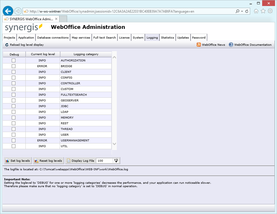 SynAdmin logging tab