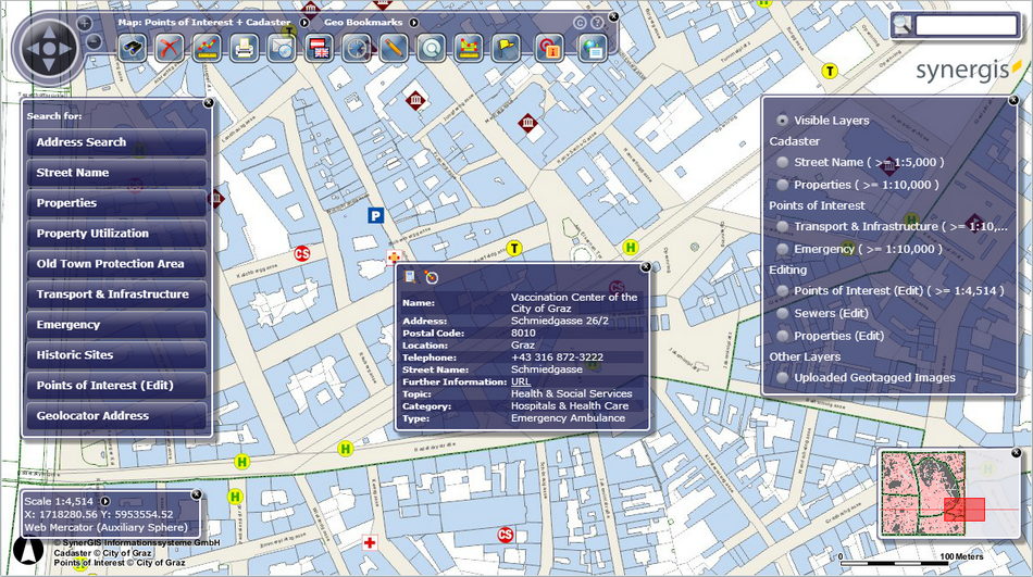 MapTip result in the WebOffice flex client with link, ePaper and neighbor search