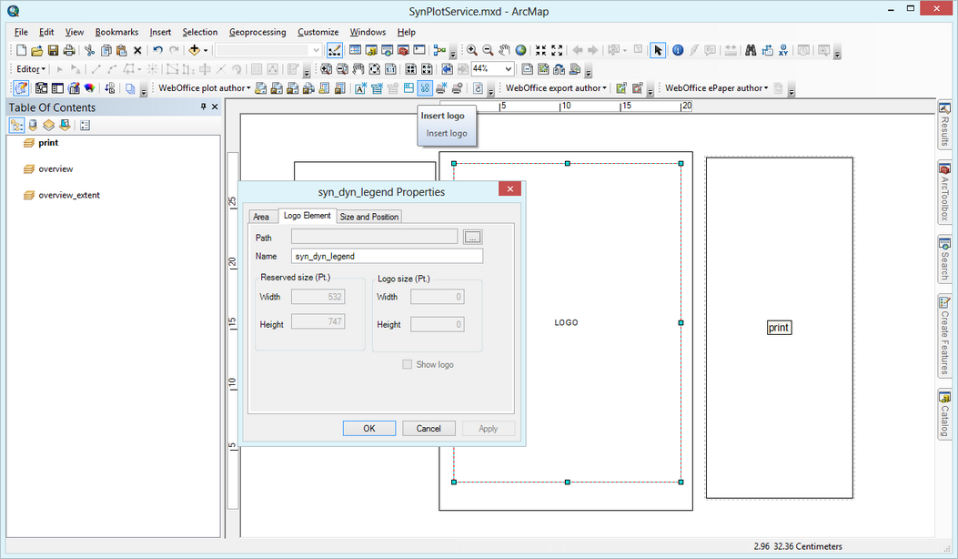 Open SynPlotService.mxd with activated dataframe "print" and "layout view" and insert a logo image