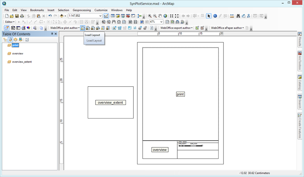 Open SynPlotService.mxd with activated dataframe "print" and "layout view" and load a print layout