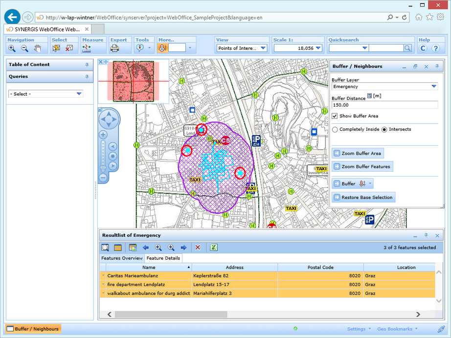 Result of the buffer operation with three features at least intersecting the buffer area