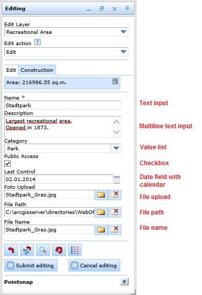 Edit tool form in the WebOffice html client with different types of attribute fields
