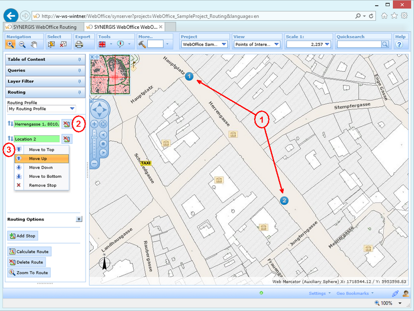 (1) - known stops in the map (2) - button to delete stop (3) - button to change order of stops