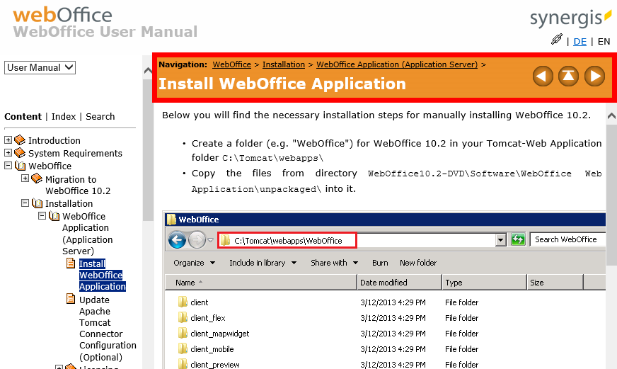 Title bar - path to chapter in the content / navigation with arrow keys possible