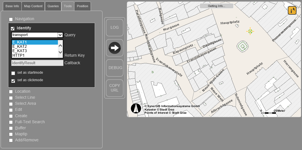 WebOffice map widget testcontainer - Identify via clickmode