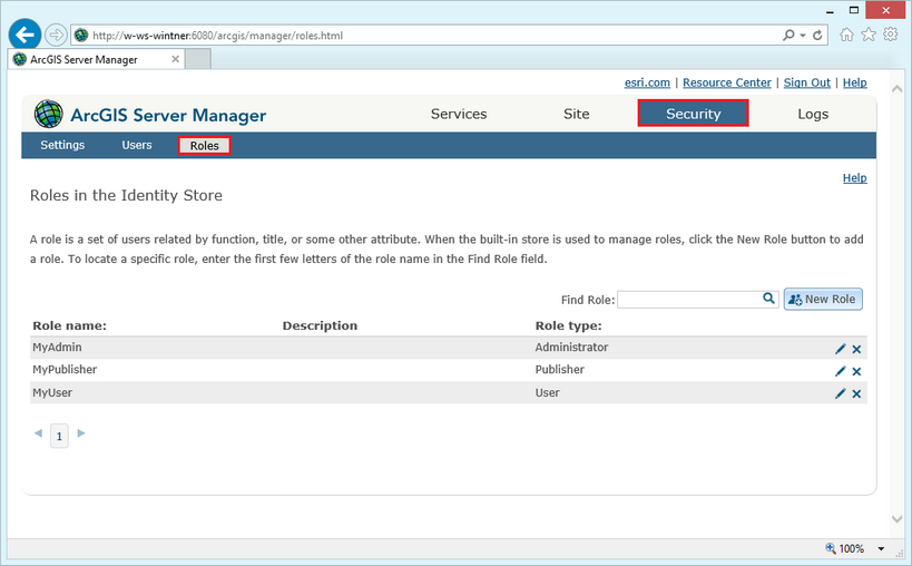 Configured roles in ArcGIS Server Manager