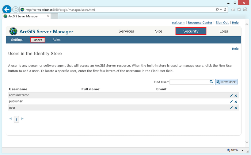 Configured users in ArcGIS Server Manager