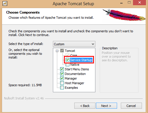 Apache Tomcat setup - select Service Startup