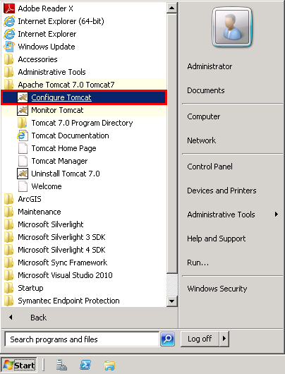 Configure Tomcat - start menu