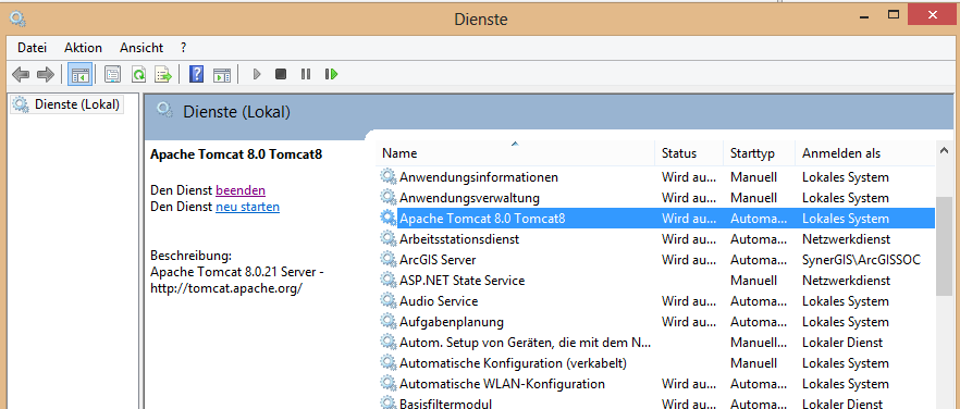 Managing the Apache Tomcat service in the Windows Services