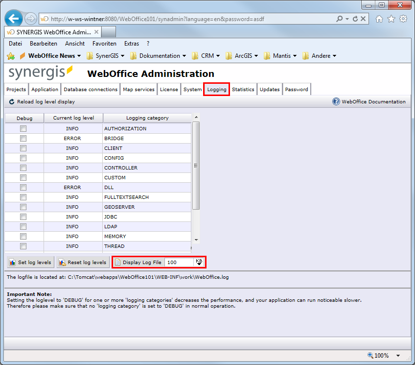 WebOffice 10.3 SP2 administration pages - logging