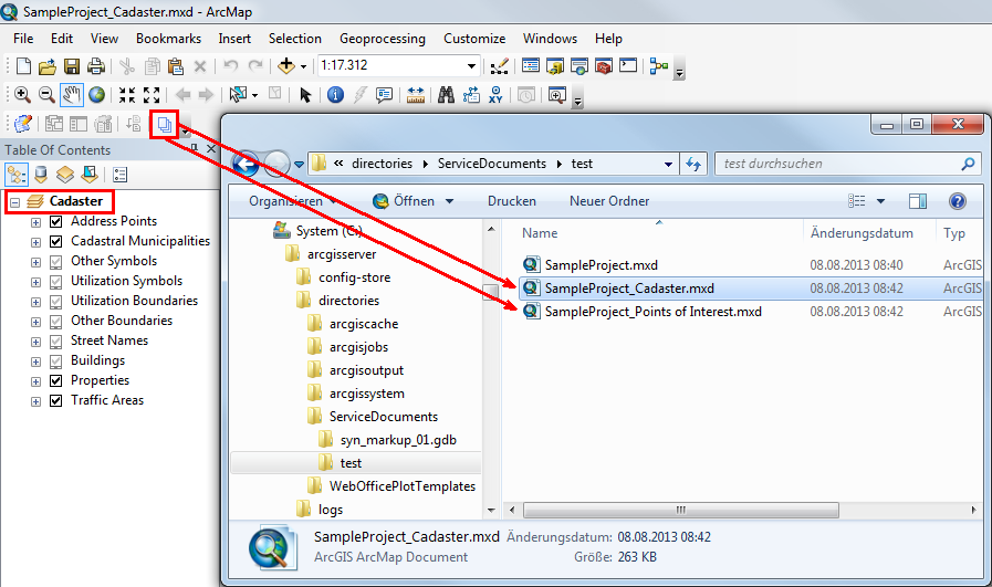 Split MXD documents "SampleProject_Cadaster" and "SampleProject_Points of Interest" with one data frame each